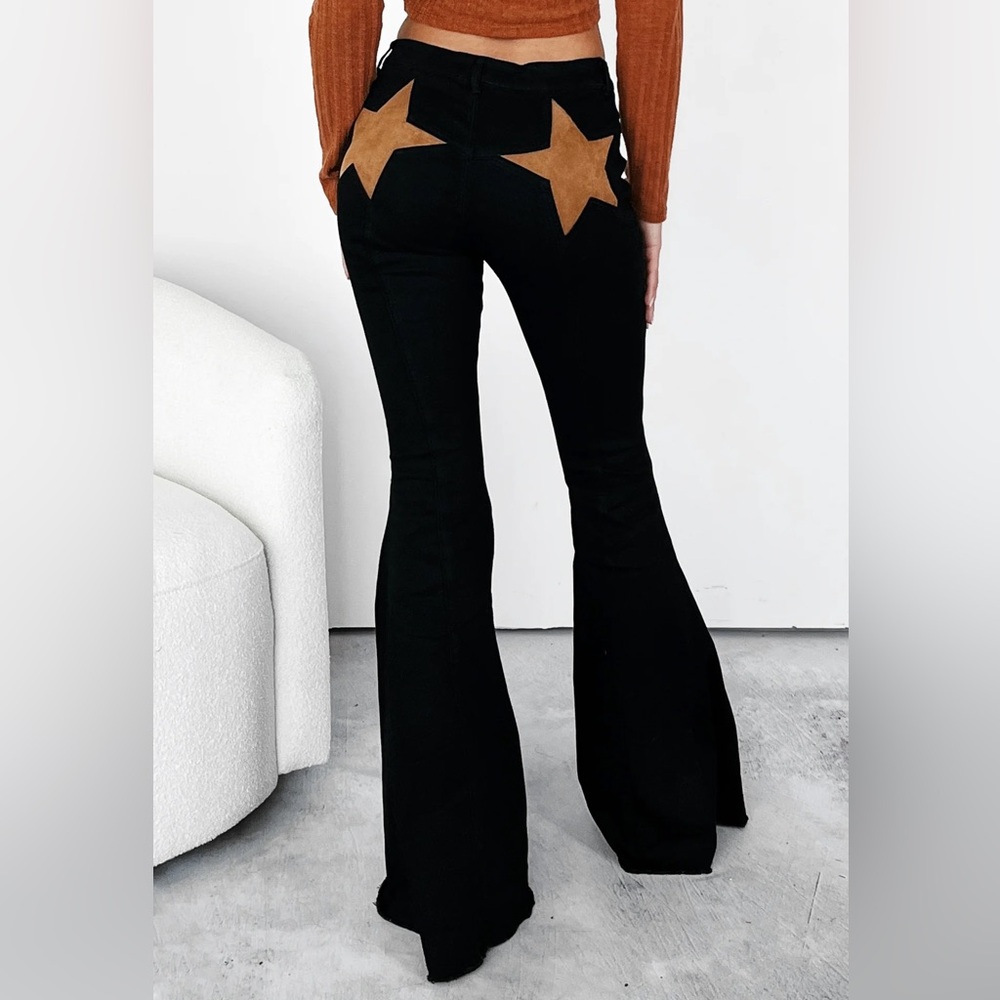 The Country Way Suede Star Flare Jeans (Black/Tan)